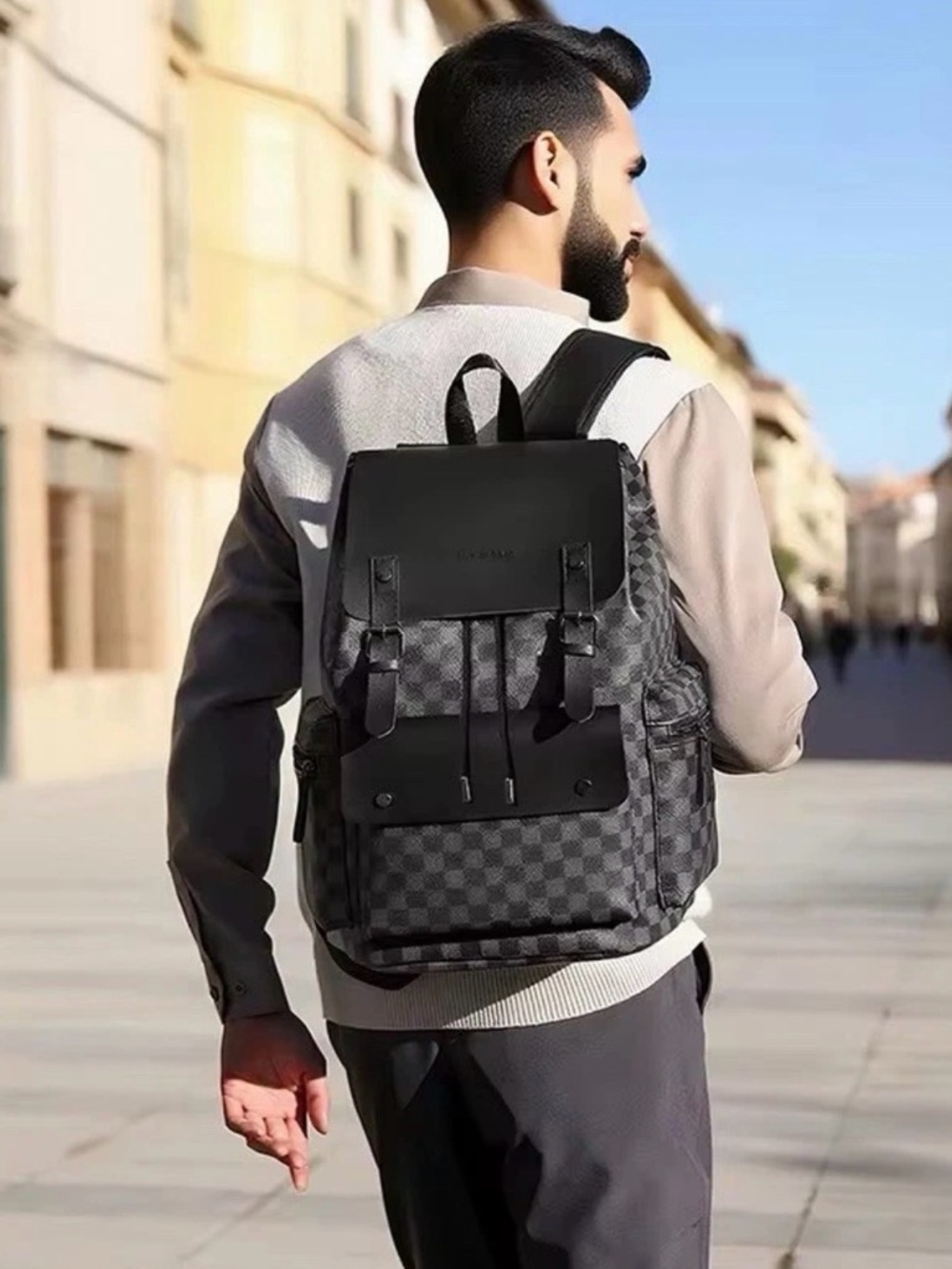 Black Check-Pattern Men's Backpack - Picture 4 of 5